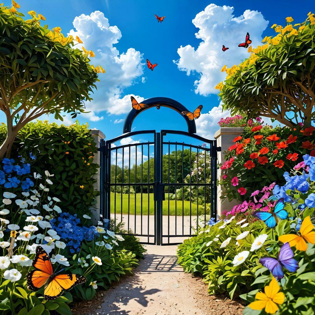 A serene landscape featuring a lush, sunlit garden filled with blooming flowers, symbolizing growth and positivity. In the foreground, an open padlock surrounded by vibrant butterflies, representing unlocked potential and emotional freedom. Enveloping the scene is a clear blue sky, with soft, fluffy clouds, radiating a sense of hope and tranquility. The overall atmosphere should evoke a feeling of joy and optimism. super-realistic. vibrant colors. uplifting mood.