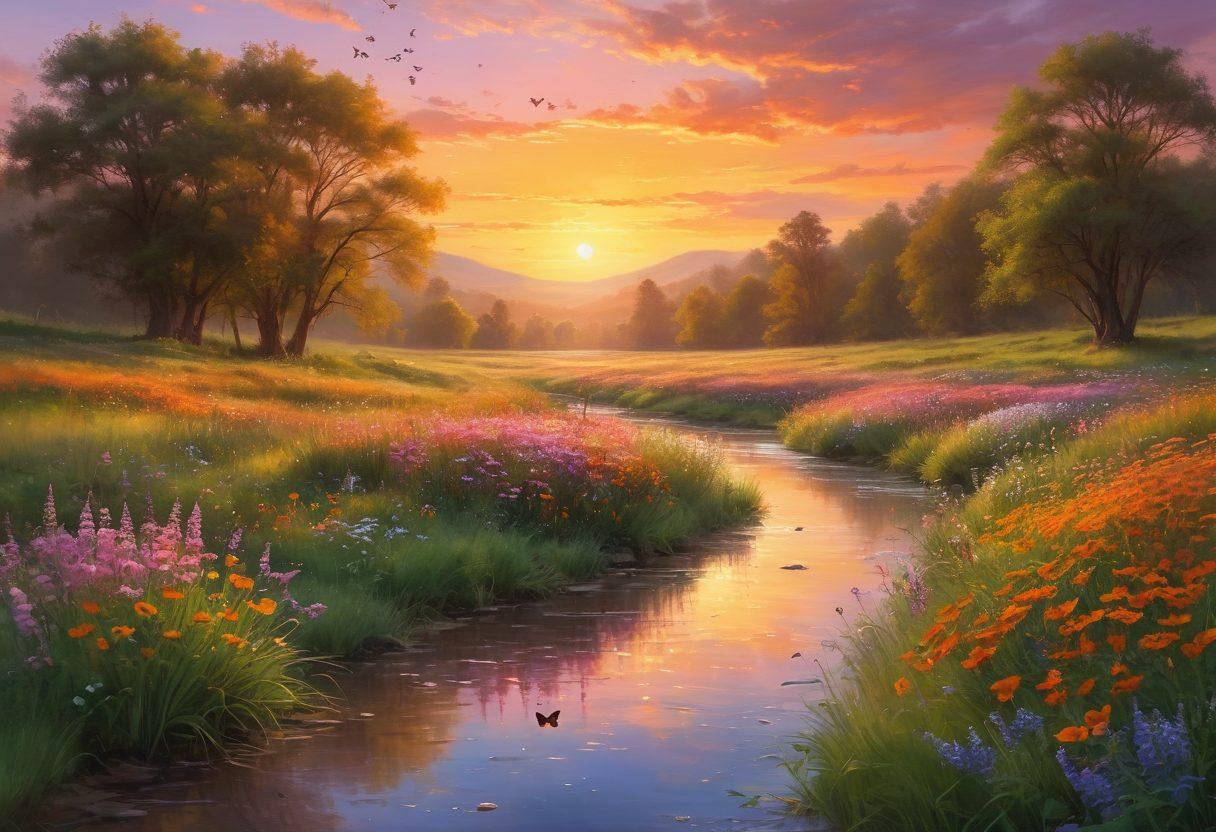A serene landscape featuring a sunlit meadow filled with wildflowers, where people of diverse backgrounds joyfully express gratitude by sharing hugs and smiles. In the background, a gentle stream flows, symbolizing the journey of personal transformation, while vibrant butterflies flutter around, representing happiness and change. The sky is painted in warm hues of orange and pink, suggesting a hopeful dawn. super-realistic. vibrant colors. serene atmosphere.