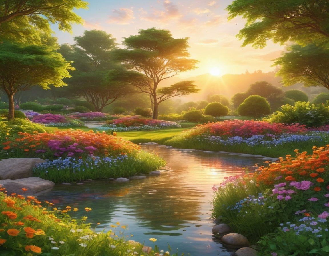 A serene landscape with a glowing sunrise symbolizing hope and renewal, featuring individuals practicing mindfulness and meditation in a lush green park. Bright flowers bloom around them, representing joy and emotional health, while gentle waves of calming colors flow in the background. super-realistic. vibrant colors. 3D.